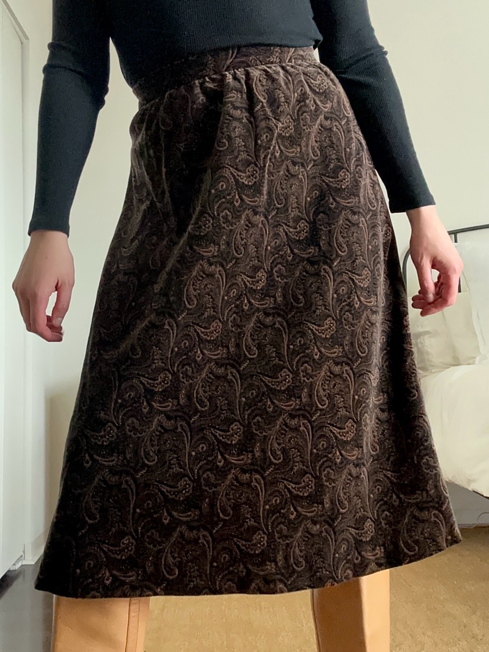 Vintage Brown Paisley Cotton A-Line Skirt